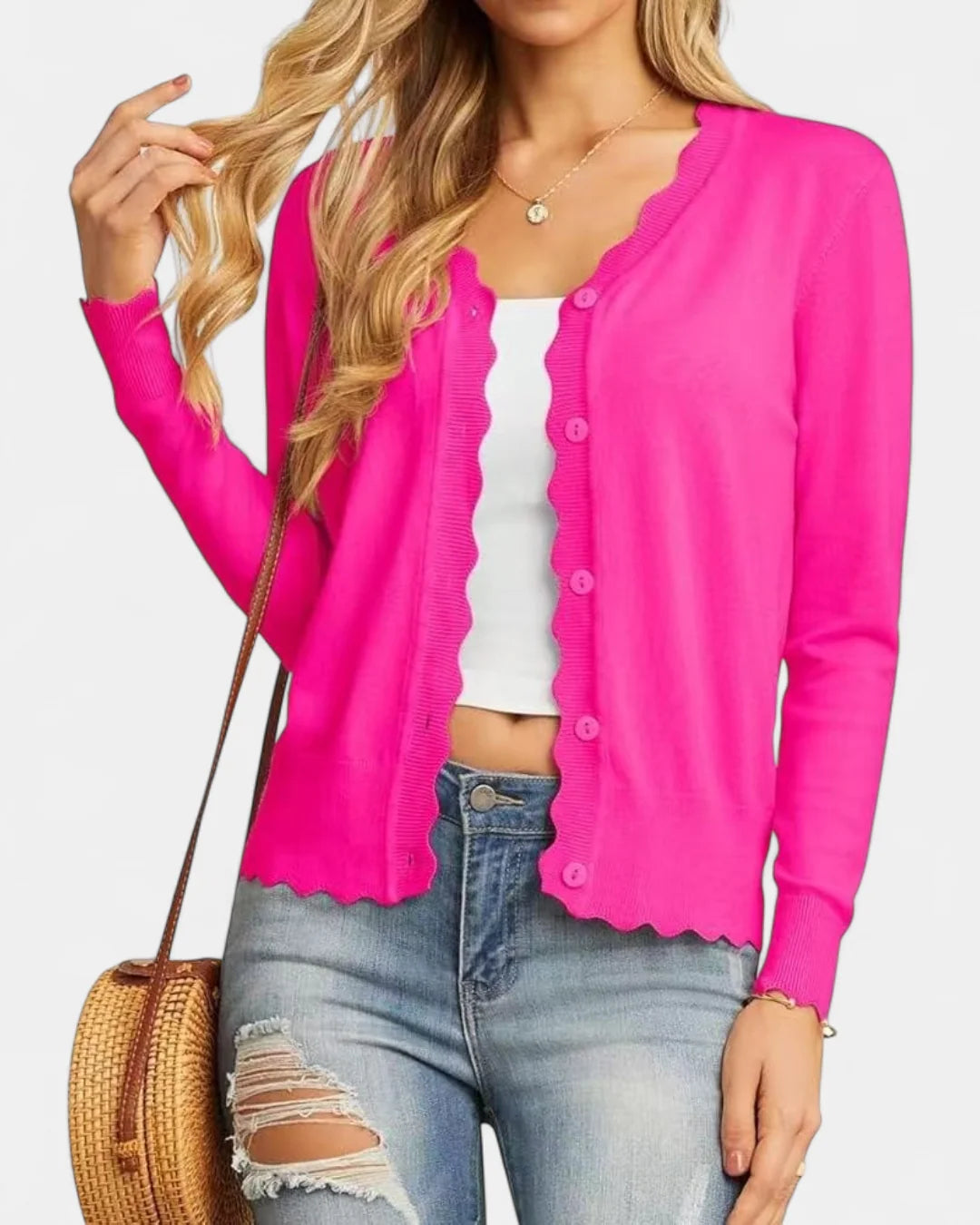 Women's Cropped Cardigan Sweater with Scalloped Trim 14