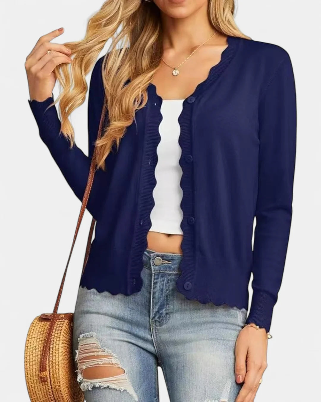 Women's Cropped Cardigan Sweater with Scalloped Trim 19