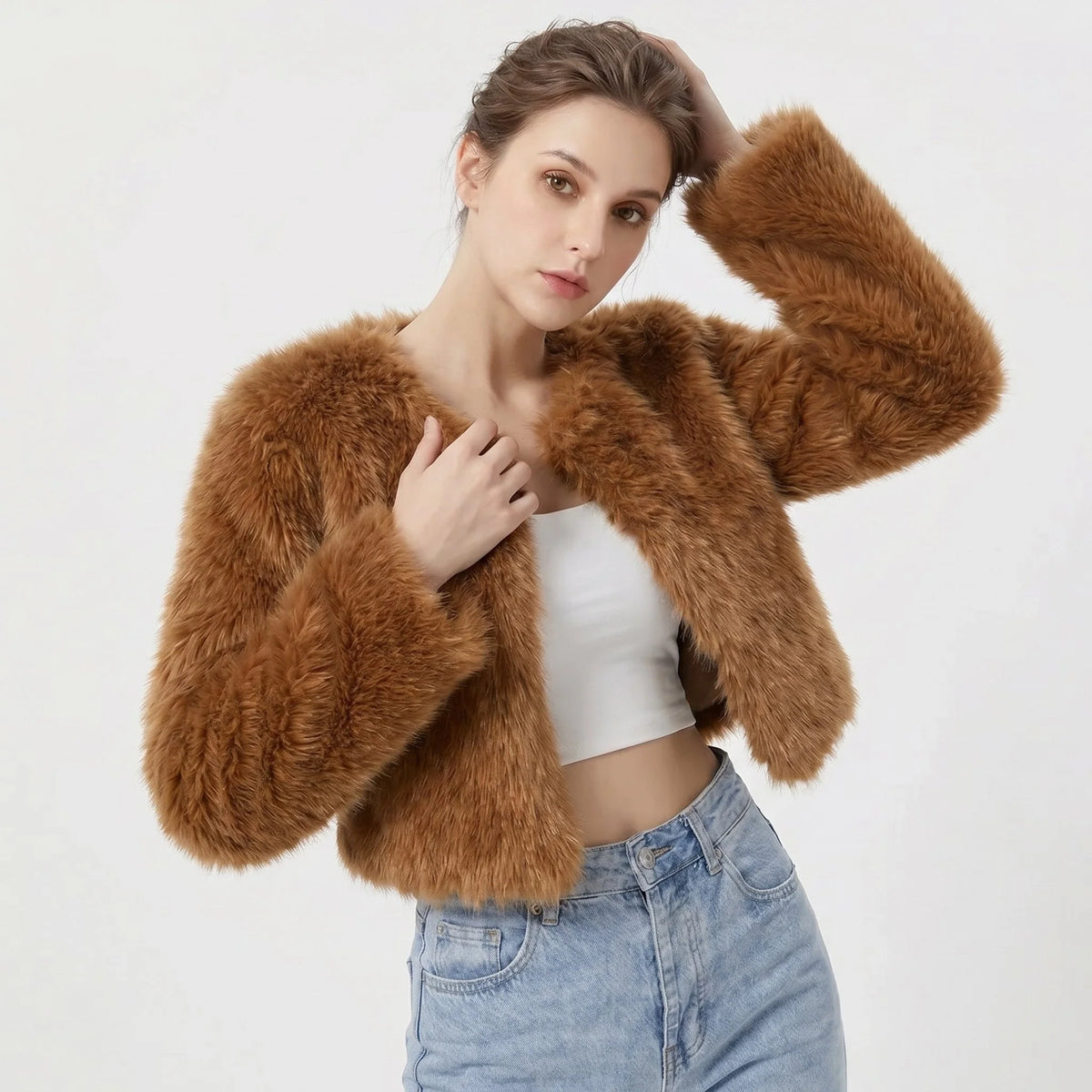 Women's Cropped Faux Fur Winter Jacket with Plush Texture 3