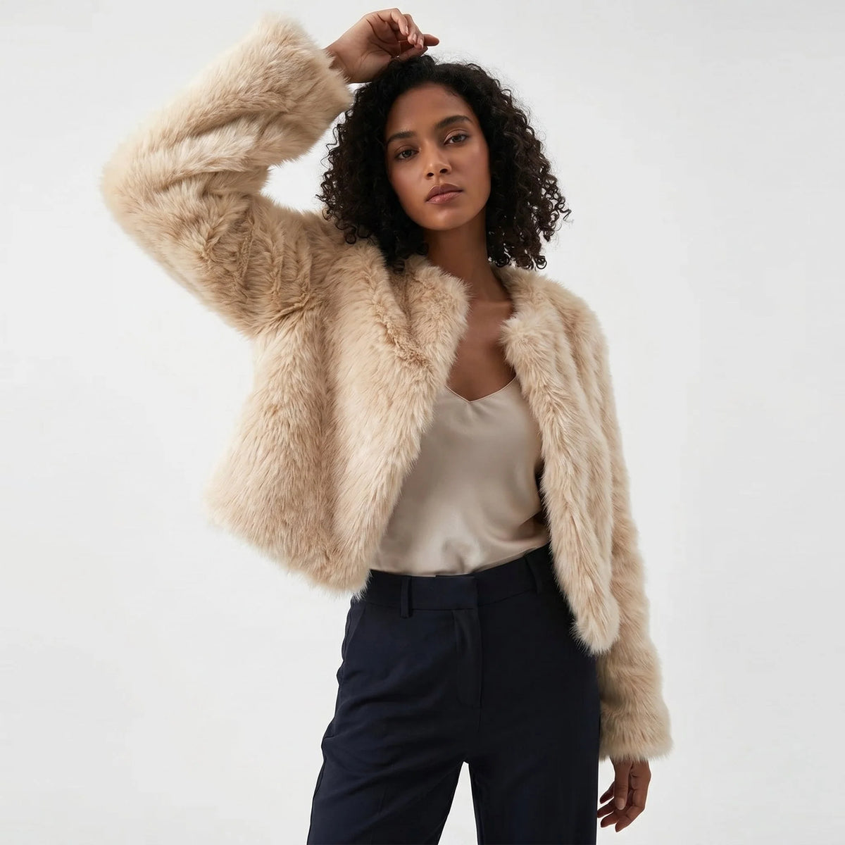 Women's Cropped Faux Fur Winter Jacket with Plush Texture 4