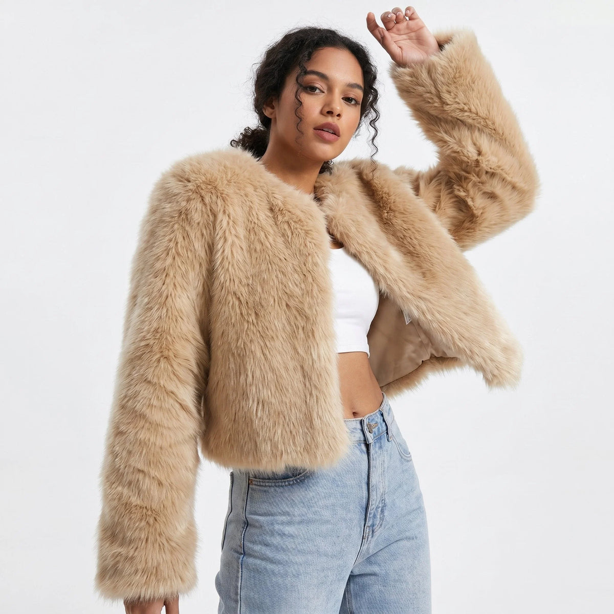 Women's Cropped Faux Fur Winter Jacket with Plush Texture 5