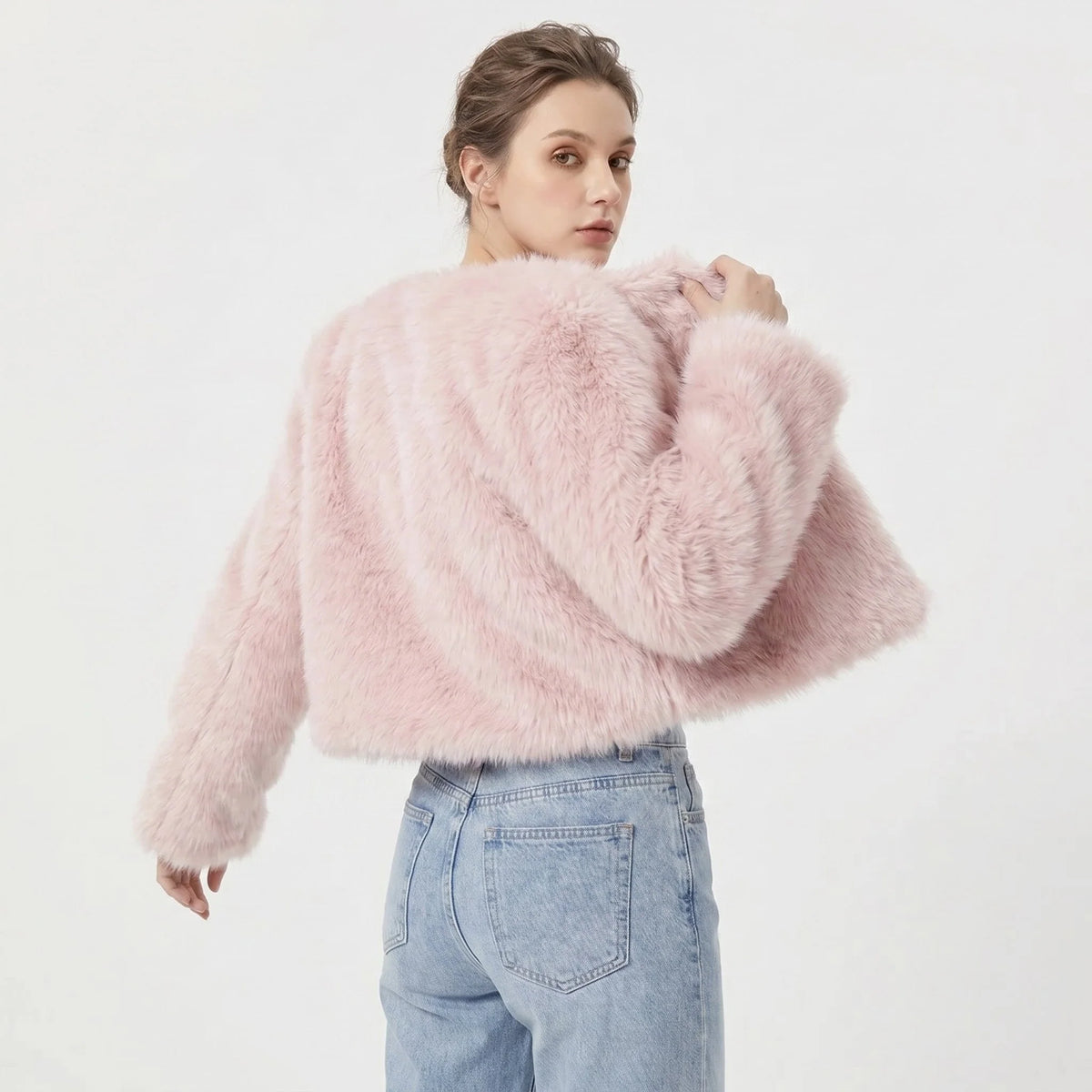 Women's Cropped Faux Fur Winter Jacket with Plush Texture 6