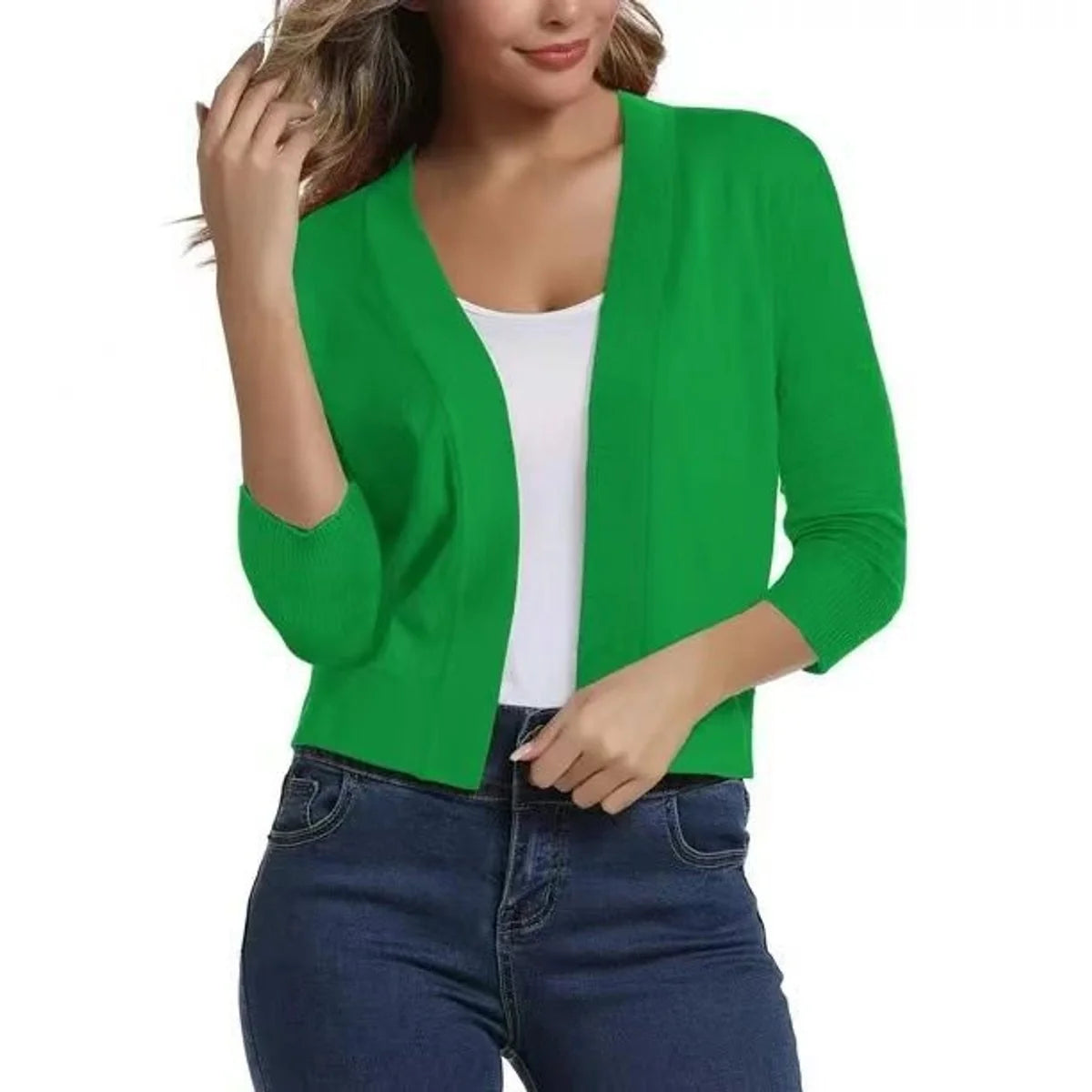 Women's Cropped Open-Front Cardigan with 3/4 Sleeves 2