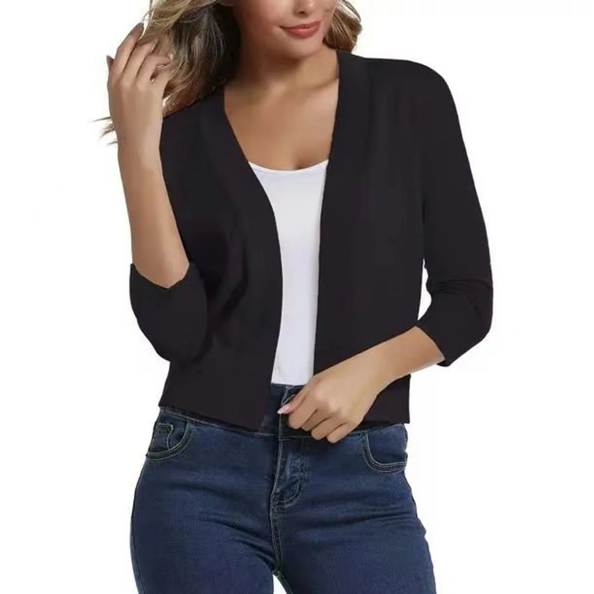 Women's Cropped Open-Front Cardigan with 3/4 Sleeves 3