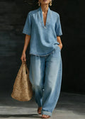 Women's Denim Two Piece Set - V-Neck Top & Trousers Co Ord Set 0
