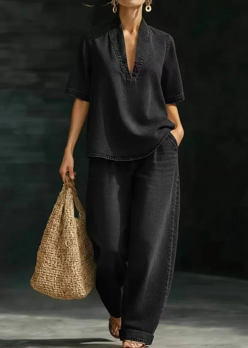 Women's Denim Two Piece Set - V-Neck Top & Trousers Co Ord Set 2