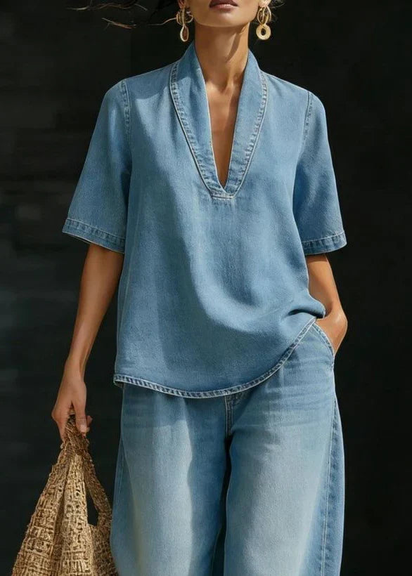 Women's Denim Two Piece Set - V-Neck Top & Trousers Co Ord Set 3