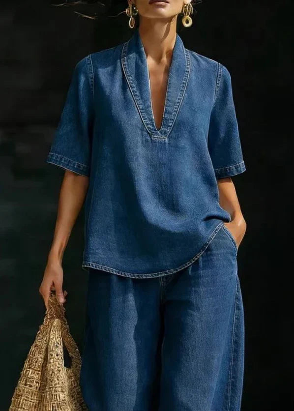 Women's Denim Two Piece Set - V-Neck Top & Trousers Co Ord Set 4