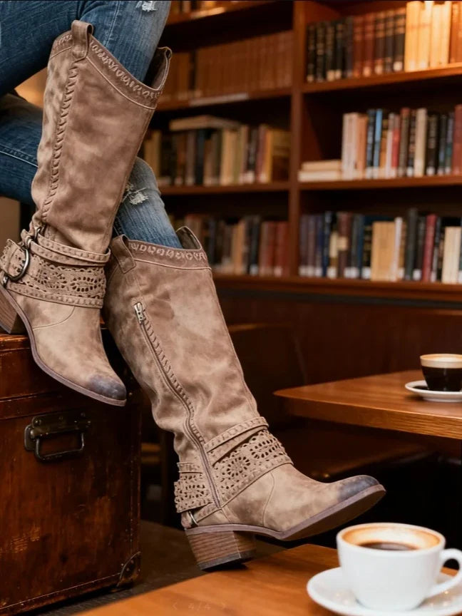 Women's Knee High Boots with Buckle Strap and Side Zipper 2