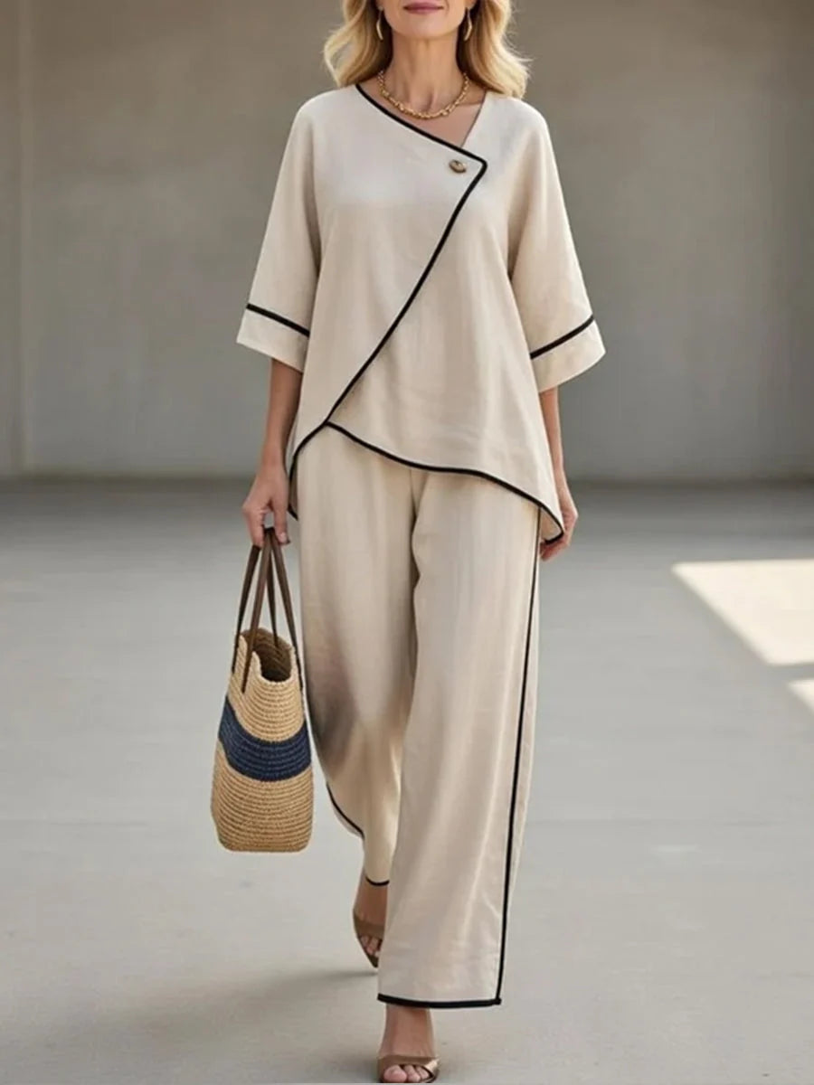 Women's Loungewear Two-Piece Set: Asymmetric Top & Wide-Leg Pants 0