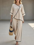 Women's Loungewear Two-Piece Set: Asymmetric Top & Wide-Leg Pants 0
