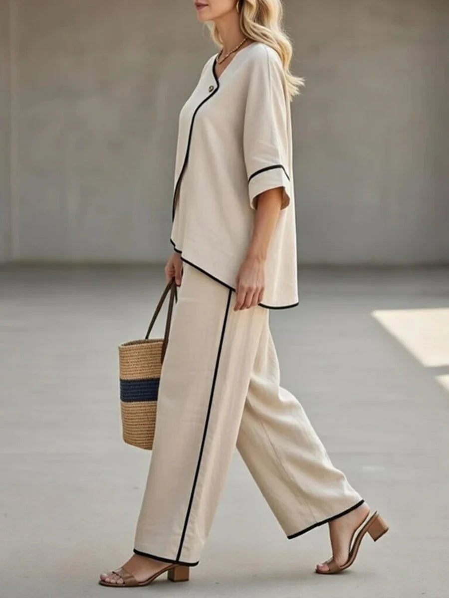 Women's Loungewear Two-Piece Set: Asymmetric Top & Wide-Leg Pants 5