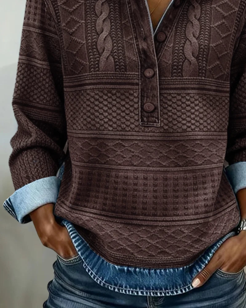 Women's Relaxed Sweatshirt with Denim-Style Collar and Half Button 4