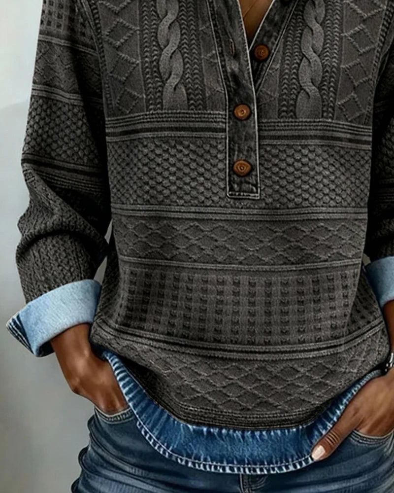 Women's Relaxed Sweatshirt with Denim-Style Collar and Half Button 6