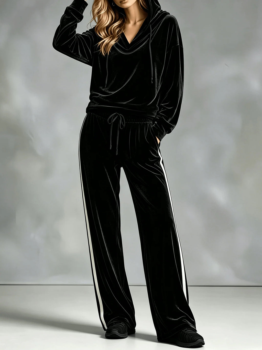 Women's Relaxed Velvet Sweatsuit Set with Cowl Neck and Side Stripe 1