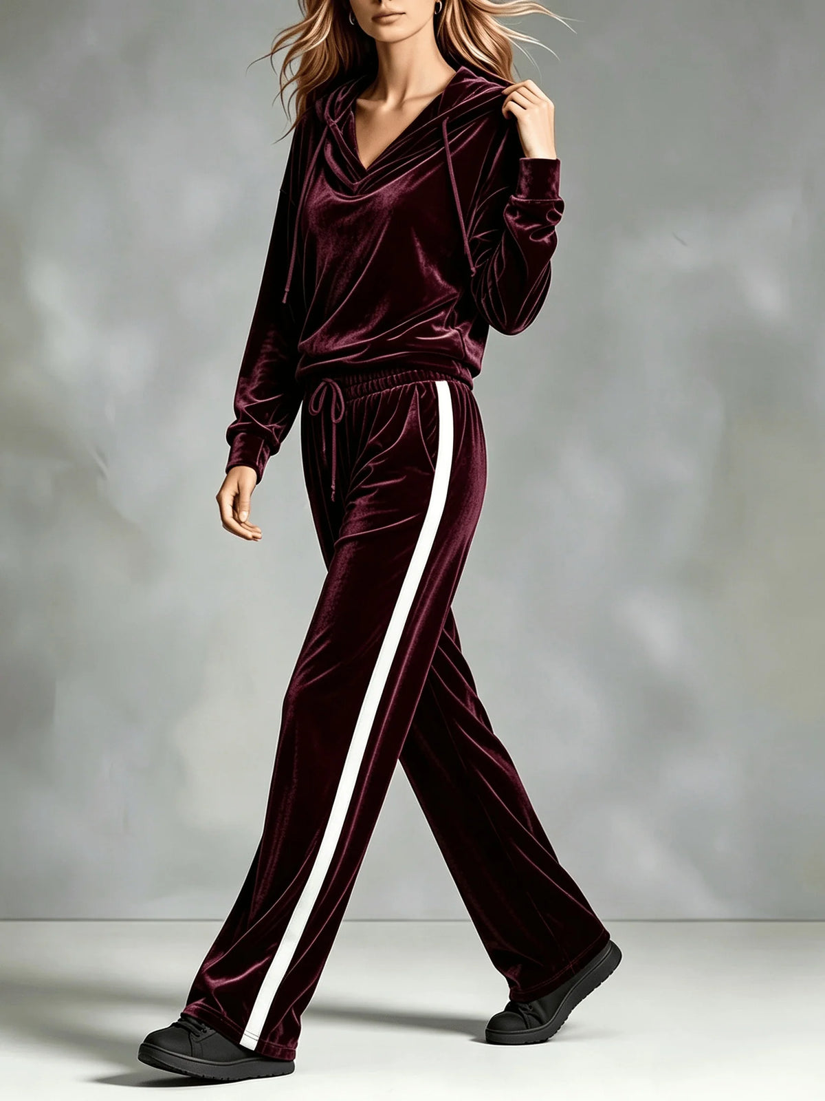 Women's Relaxed Velvet Sweatsuit Set with Cowl Neck and Side Stripe 9