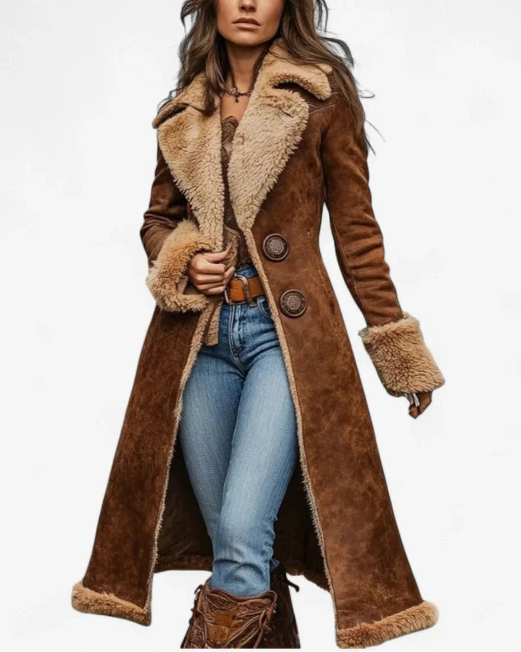 Women's Shearling Lined Winter Coat with Button Closure and Pockets 0