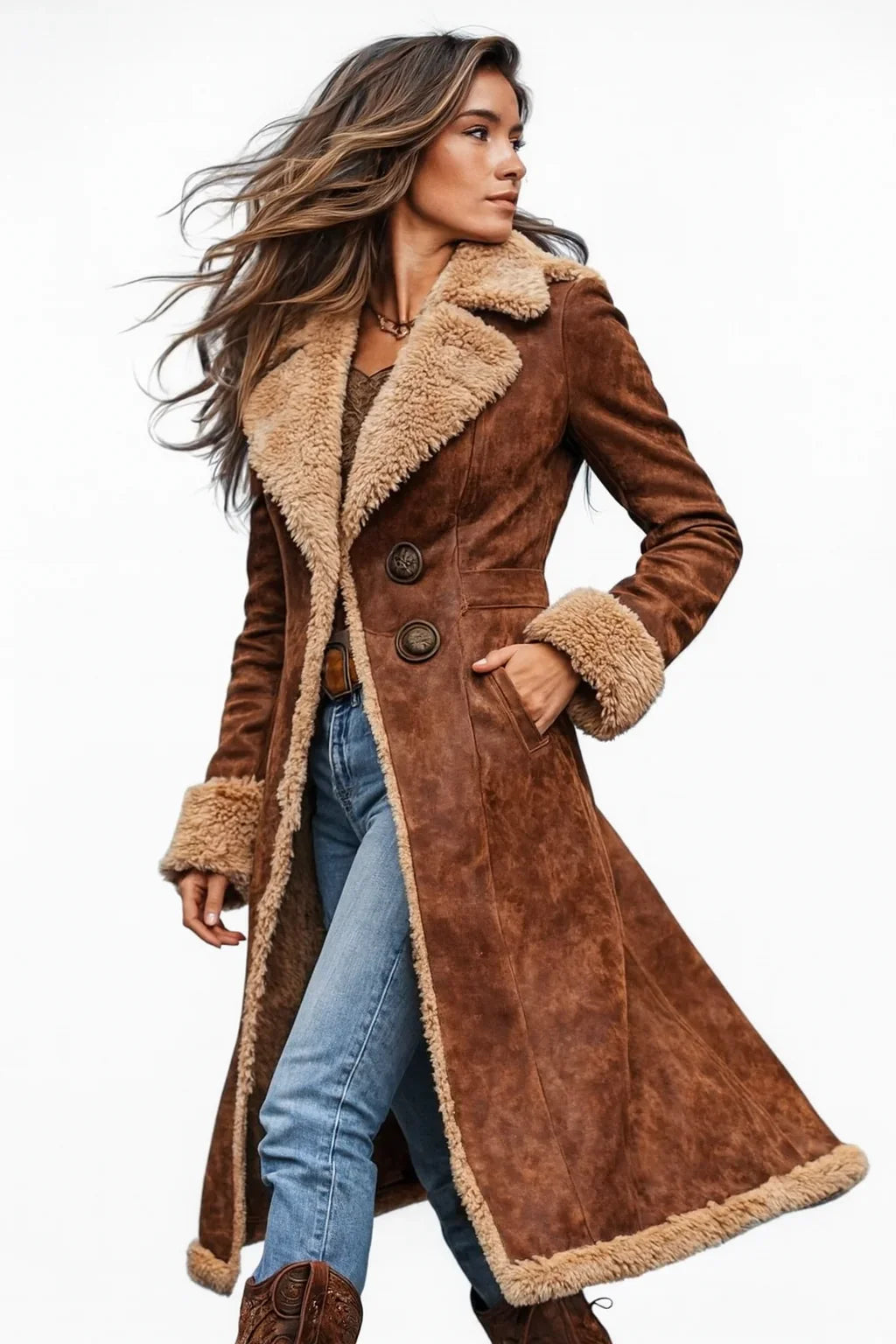 Women's Shearling Lined Winter Coat with Button Closure and Pockets 1