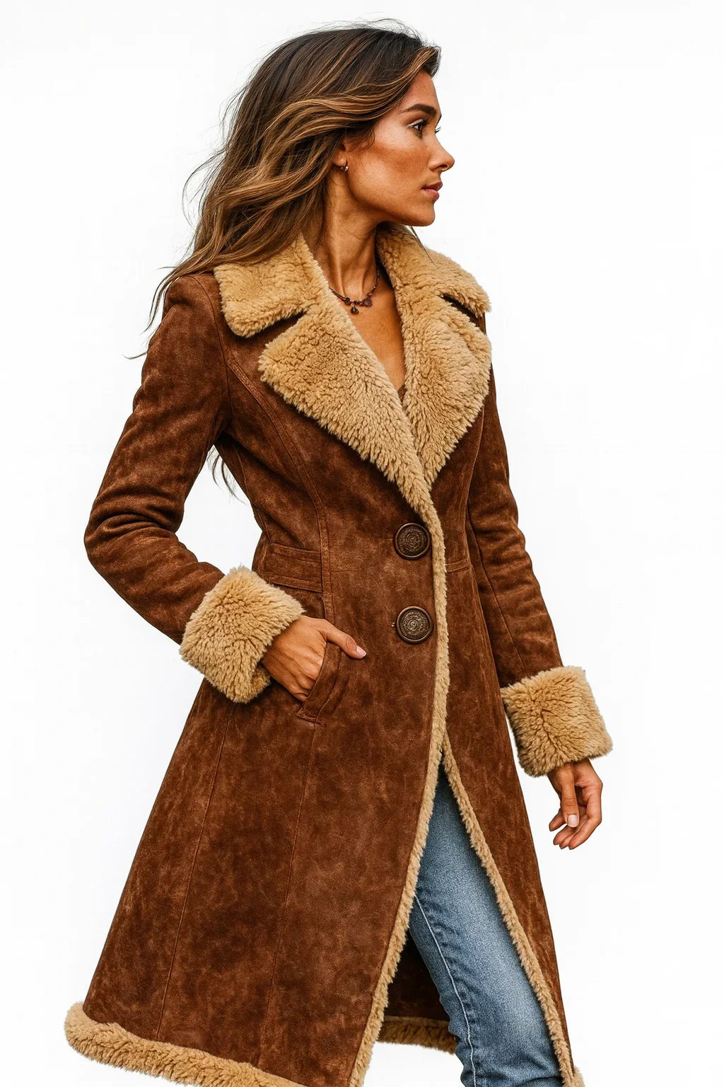Women's Shearling Lined Winter Coat with Button Closure and Pockets 2