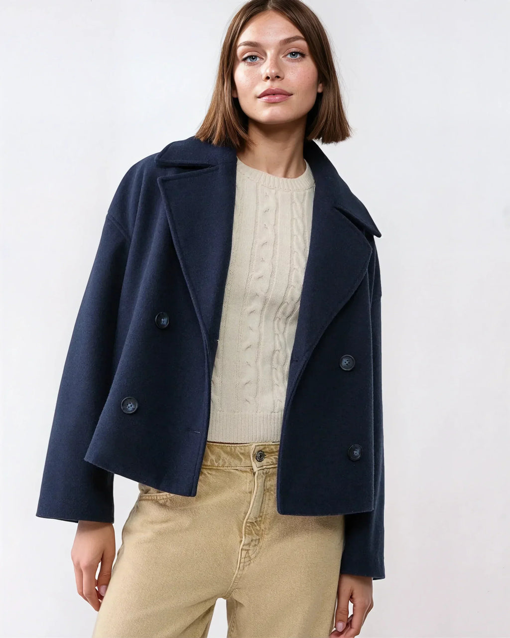 Women's Short Double-Breasted Wool Blend Jacket with Wide Lapels 1