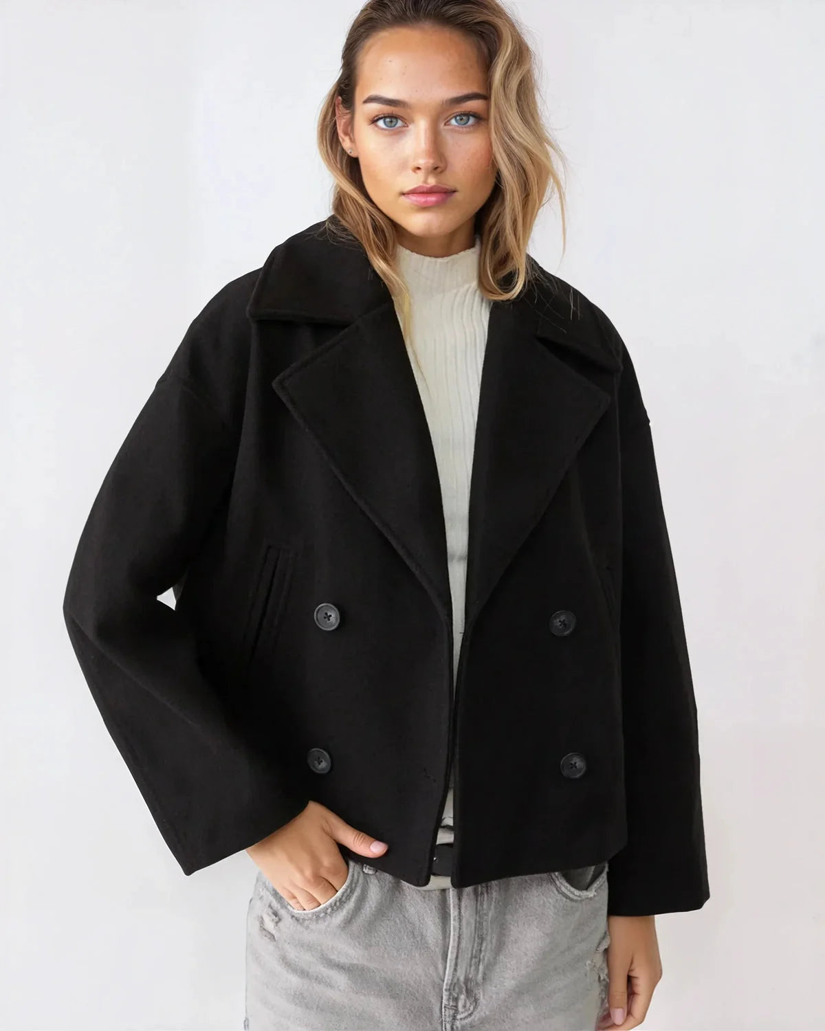 Women's Short Double-Breasted Wool Blend Jacket with Wide Lapels 2