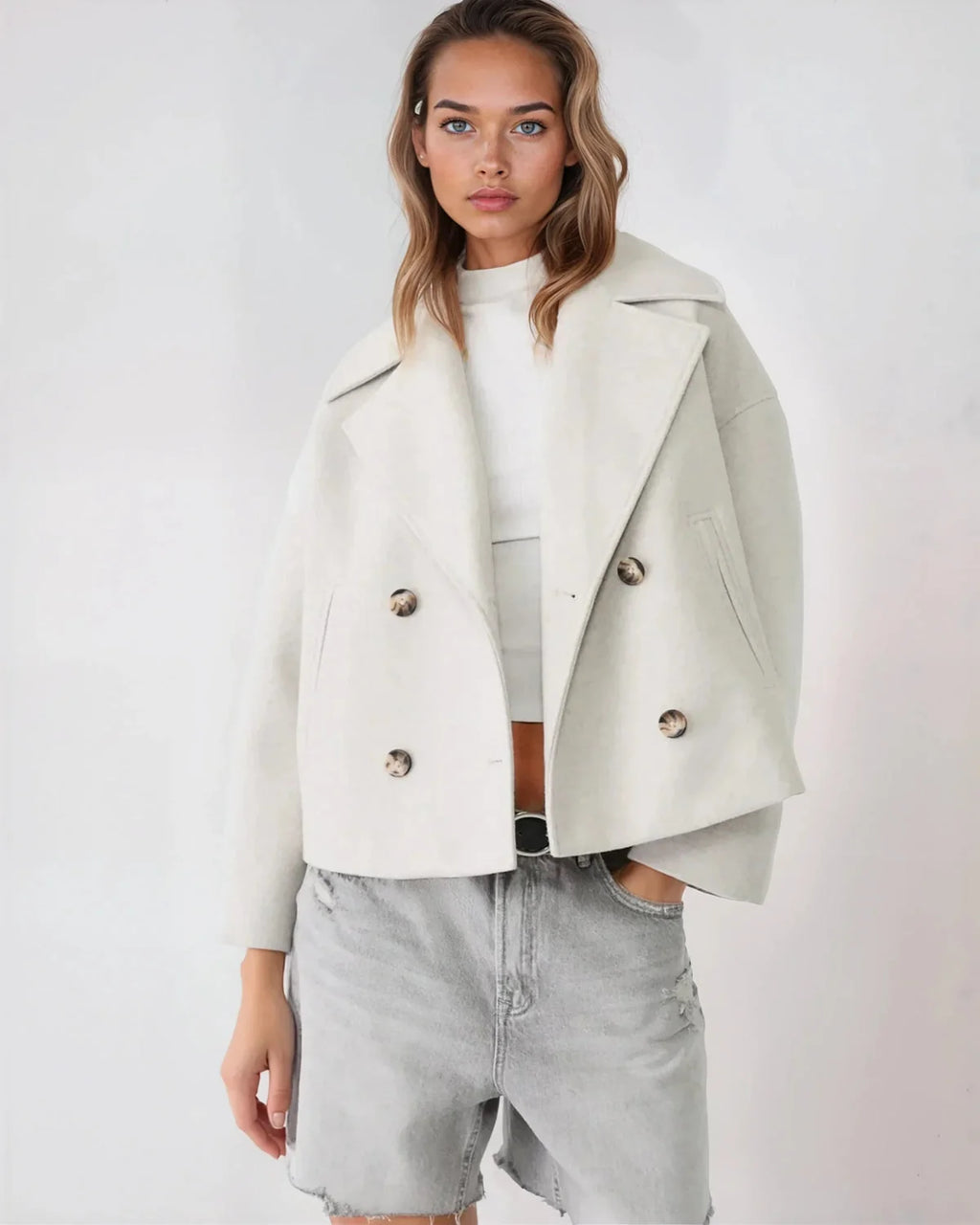 Women's Short Double-Breasted Wool Blend Jacket with Wide Lapels 5