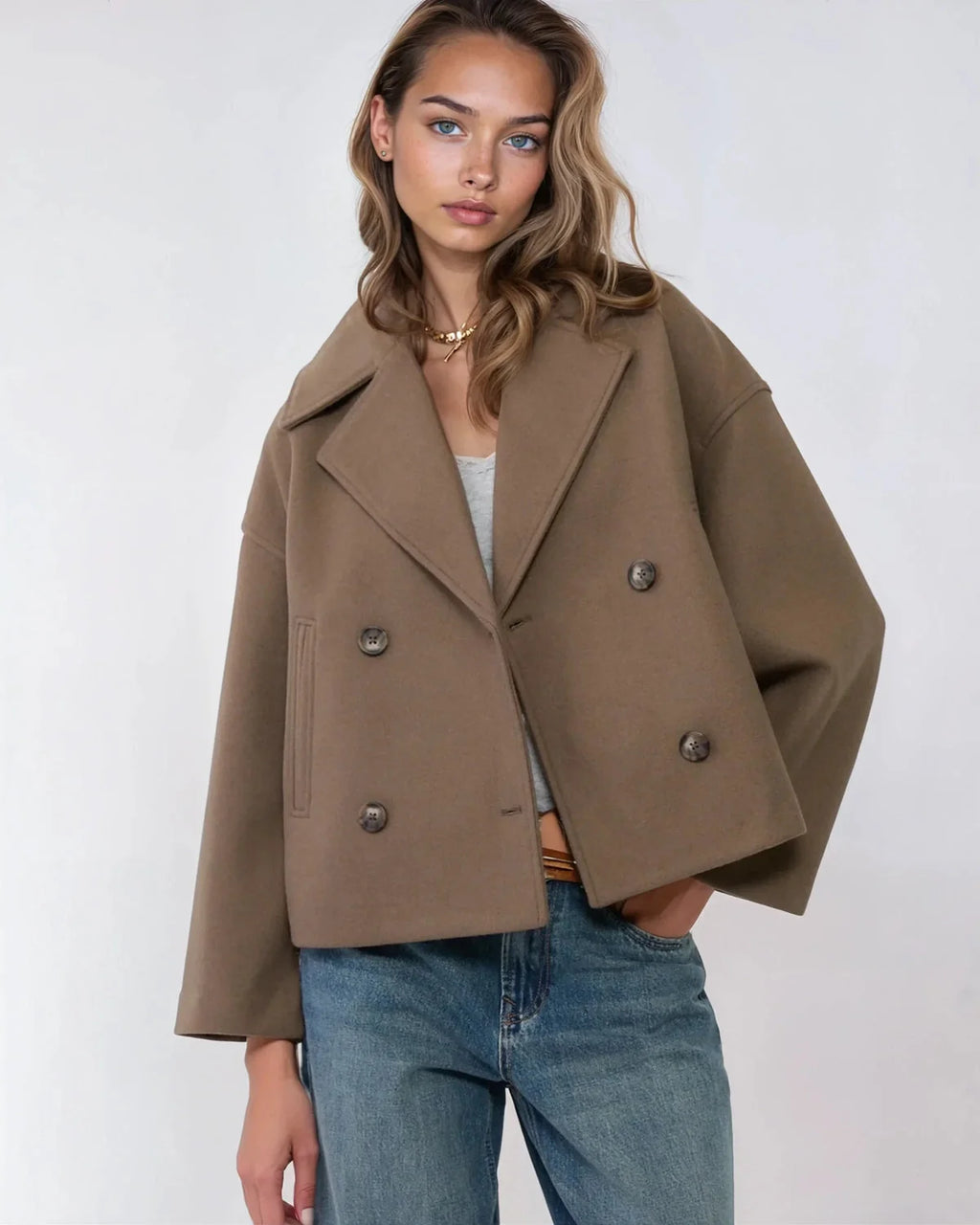 Women's Short Double-Breasted Wool Blend Jacket with Wide Lapels 8