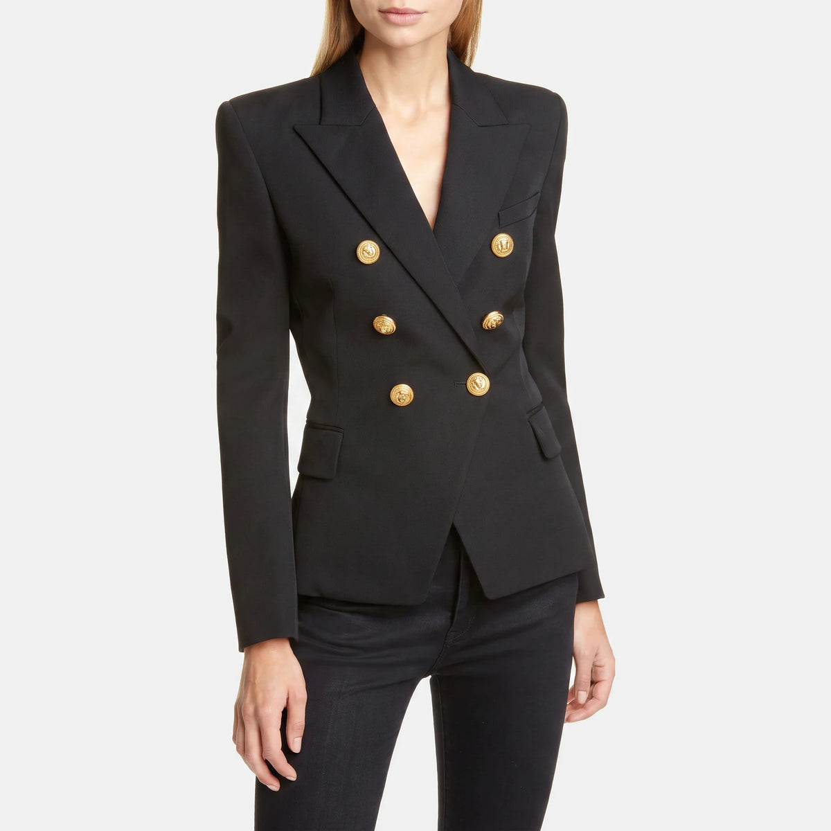 Women's Slim Fit Double-Breasted Black Blazer with Gold Buttons 0