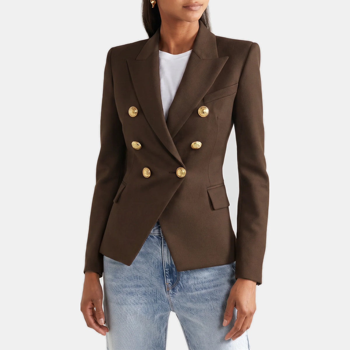 Women's Slim Fit Double-Breasted Black Blazer with Gold Buttons 10