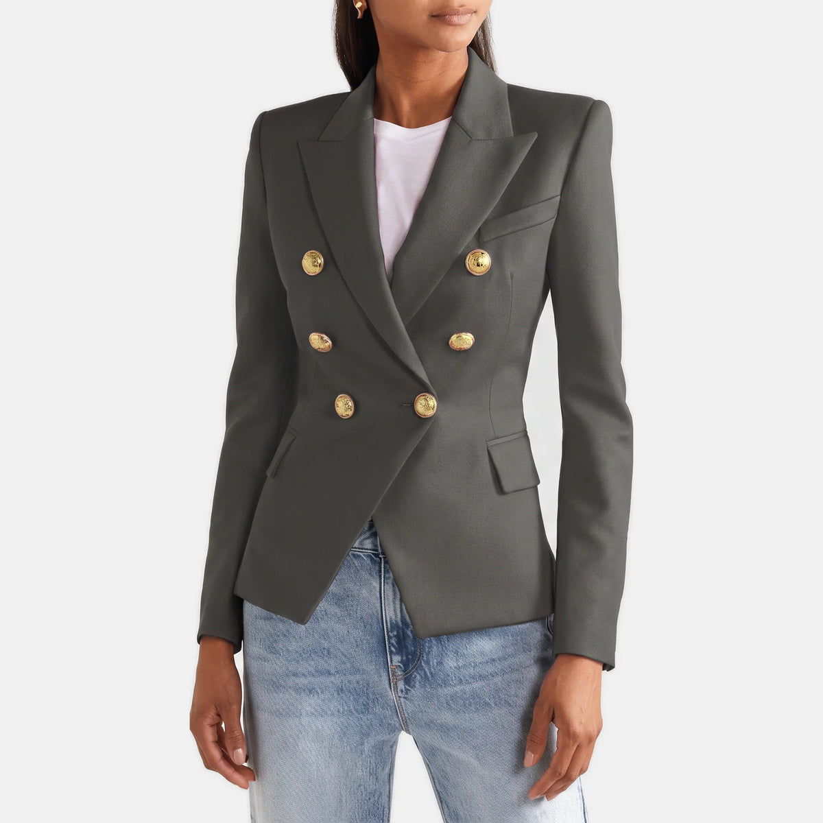 Women's Slim Fit Double-Breasted Black Blazer with Gold Buttons 11