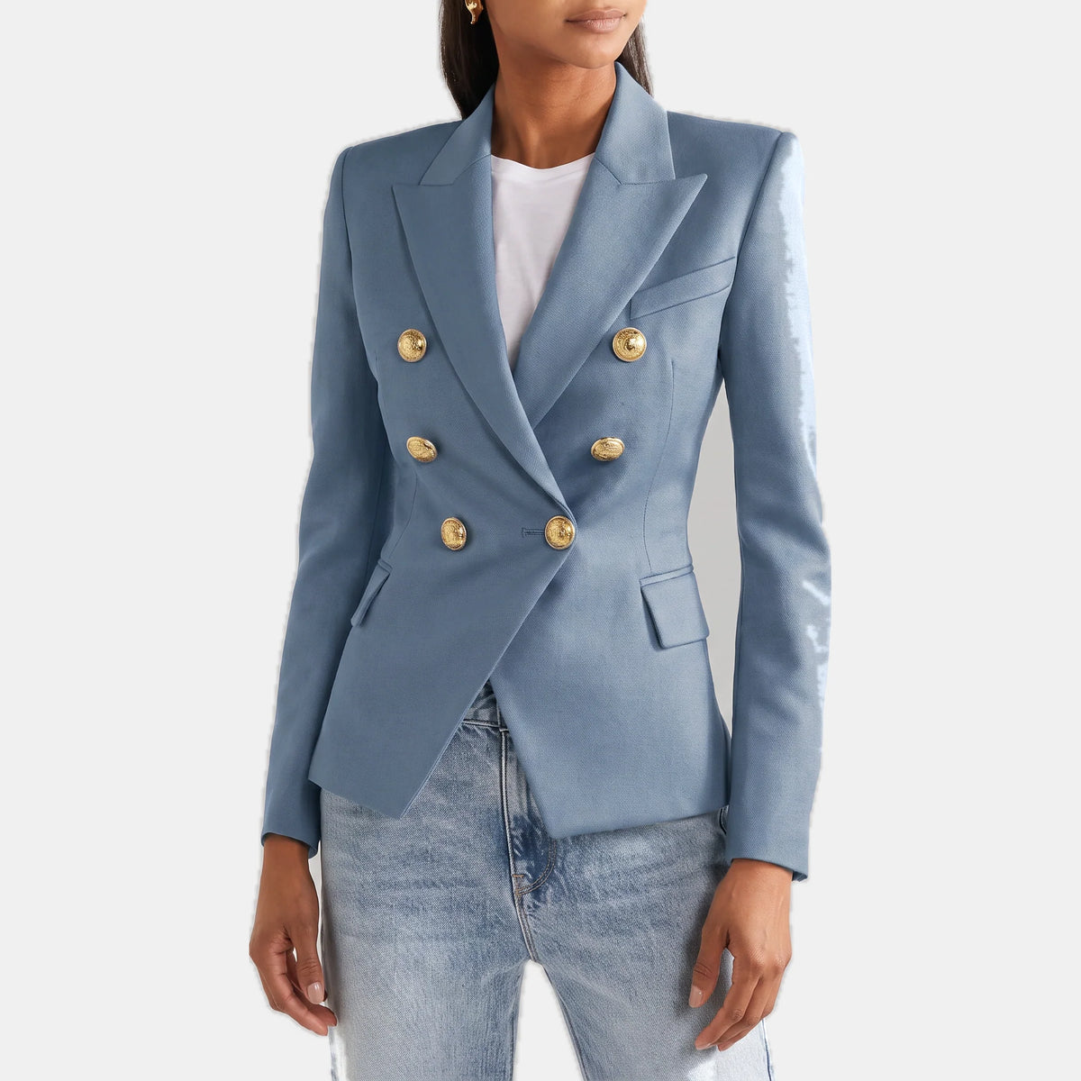 Women's Slim Fit Double-Breasted Black Blazer with Gold Buttons 12