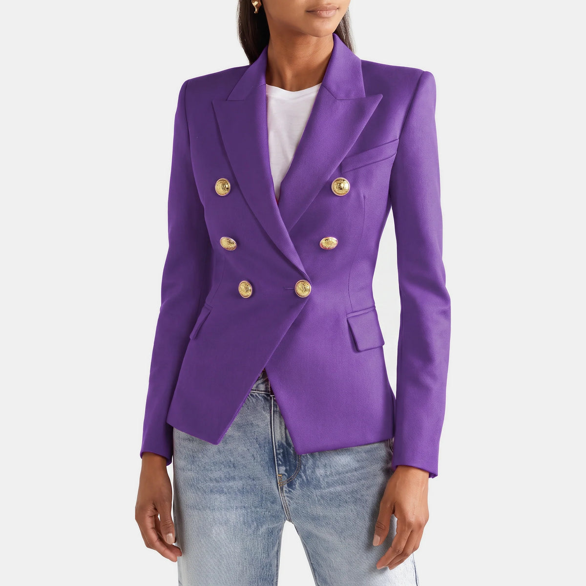 Women's Slim Fit Double-Breasted Black Blazer with Gold Buttons 14