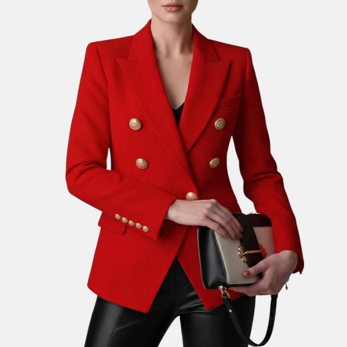 Women's Slim Fit Double-Breasted Black Blazer with Gold Buttons 2