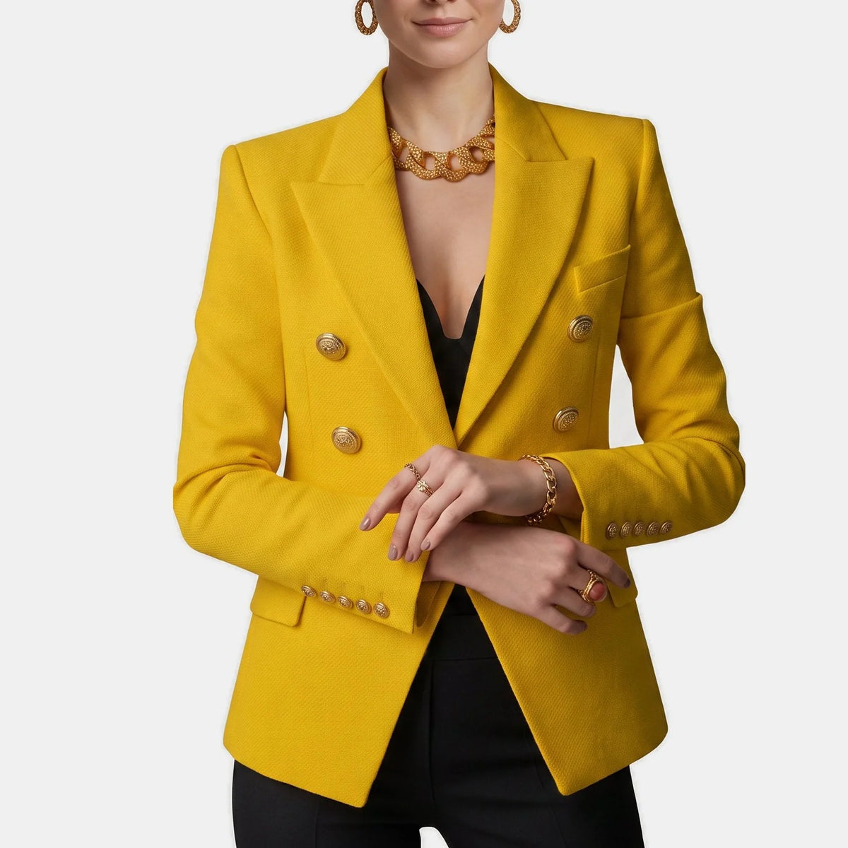 Women's Slim Fit Double-Breasted Black Blazer with Gold Buttons 3