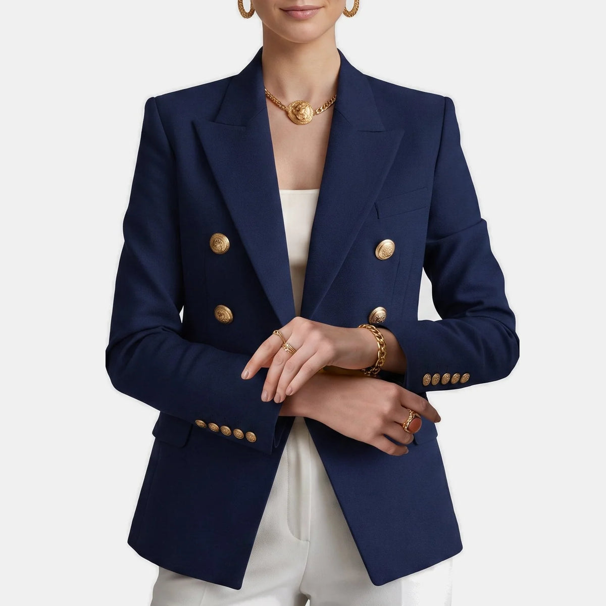Women's Slim Fit Double-Breasted Black Blazer with Gold Buttons 4