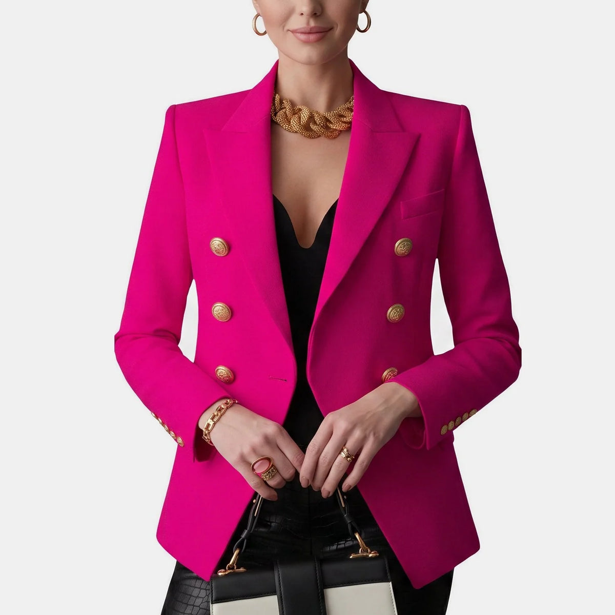 Women's Slim Fit Double-Breasted Black Blazer with Gold Buttons 5