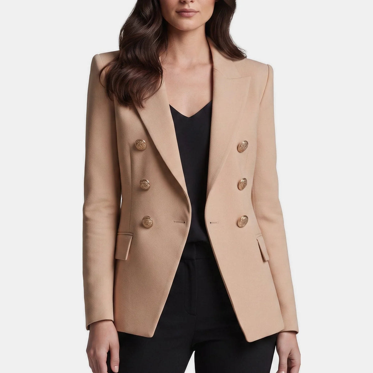 Women's Slim Fit Double-Breasted Black Blazer with Gold Buttons 6