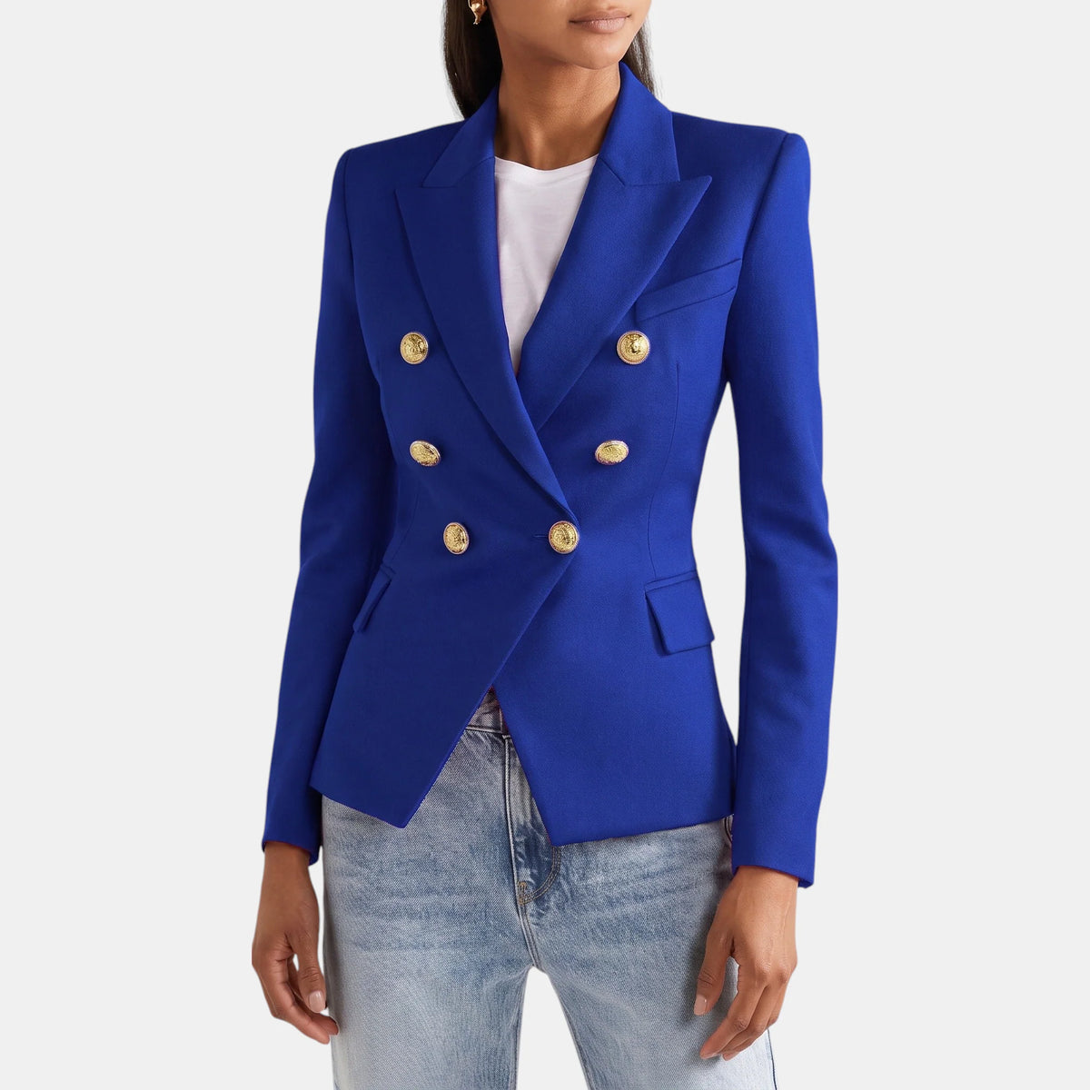 Women's Slim Fit Double-Breasted Black Blazer with Gold Buttons 7