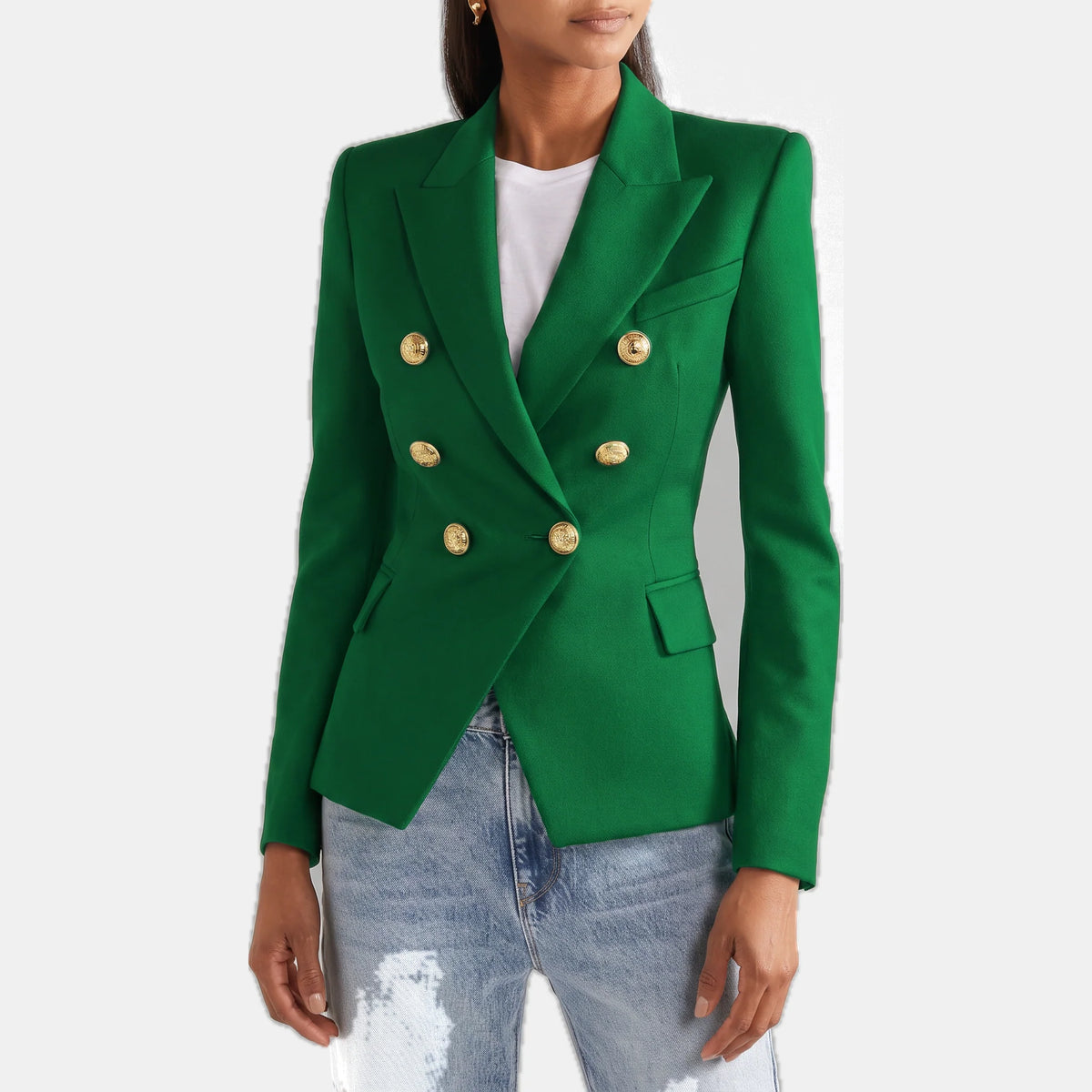 Women's Slim Fit Double-Breasted Black Blazer with Gold Buttons 8