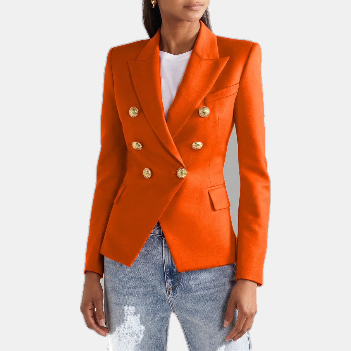 Women's Slim Fit Double-Breasted Black Blazer with Gold Buttons 9