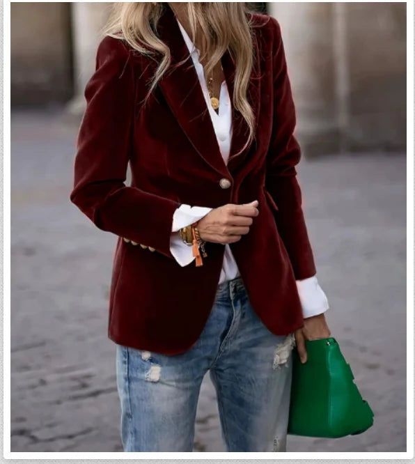 Women's Slim Fit Velvet Blazer with Structured Shoulders 6