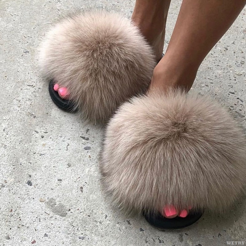 Women's Slip-On Open Toe Faux Fur Slide Sandals with Cushioned Footbed 0