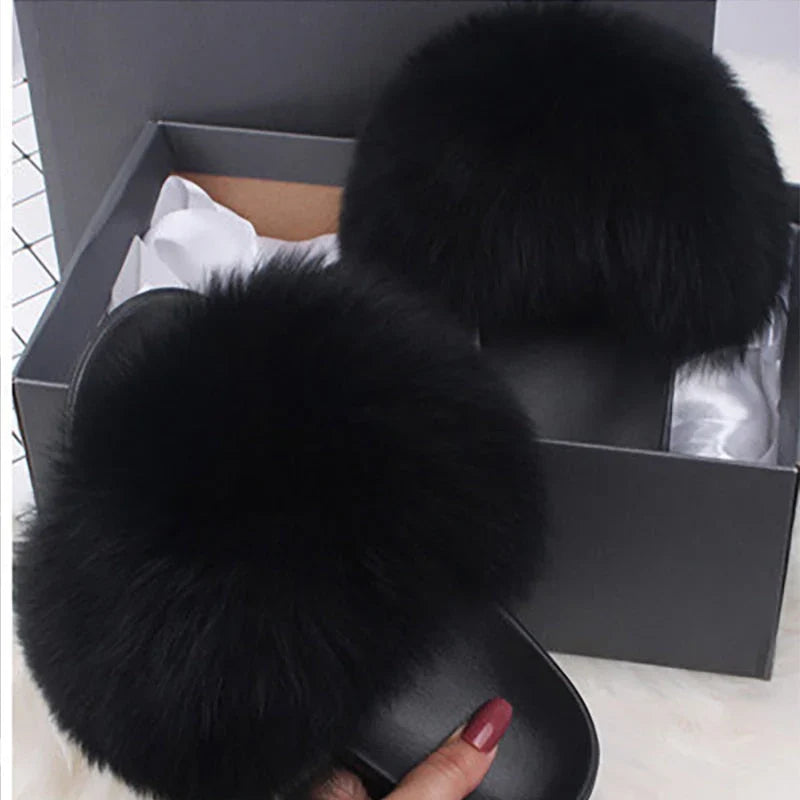 Women's Slip-On Open Toe Faux Fur Slide Sandals with Cushioned Footbed 8