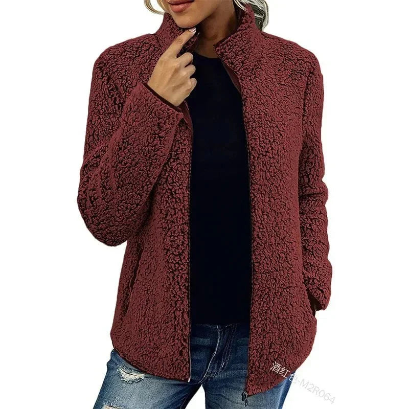 Women's Stand Collar Sherpa Jacket - Lightweight Zip-Up Teddy Fleece 2