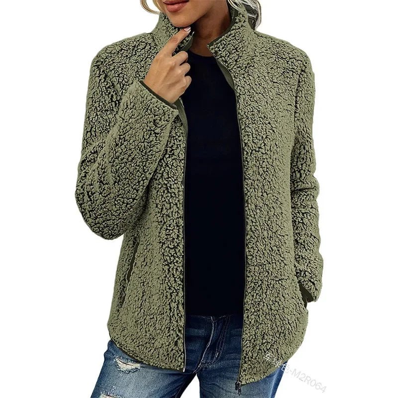 Women's Stand Collar Sherpa Jacket - Lightweight Zip-Up Teddy Fleece 3