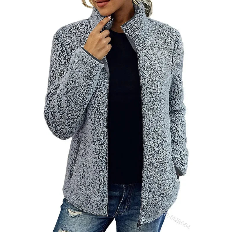 Women's Stand Collar Sherpa Jacket - Lightweight Zip-Up Teddy Fleece 5
