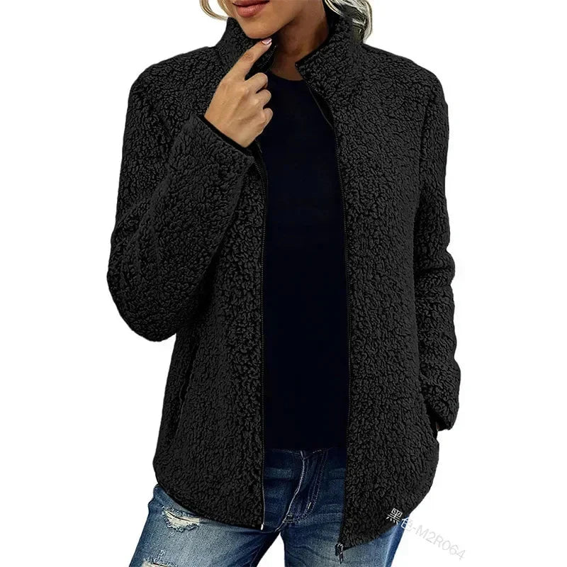 Women's Stand Collar Sherpa Jacket - Lightweight Zip-Up Teddy Fleece 6