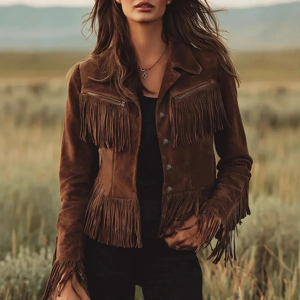 Women's Suede Button-Front Jacket with Fringe Detail and Classic Collar 0