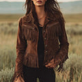 Women's Suede Button-Front Jacket with Fringe Detail and Classic Collar 0
