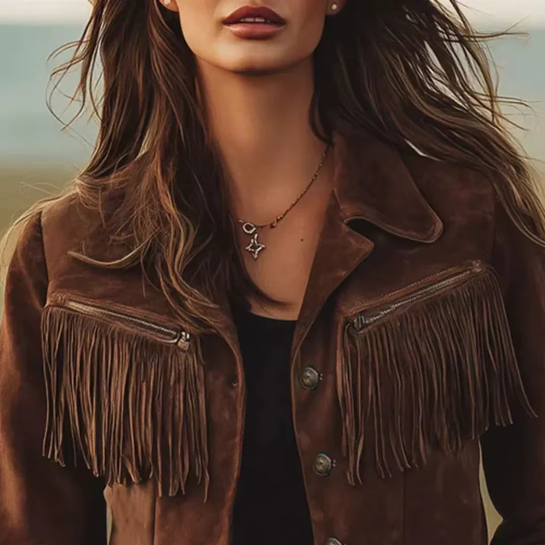 Women's Suede Button-Front Jacket with Fringe Detail and Classic Collar 1